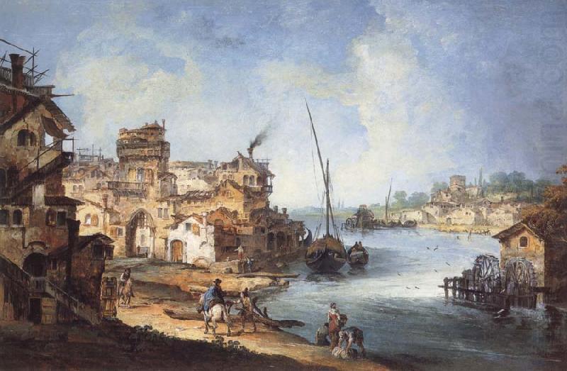 MARIESCHI, Michele Buildings and Figures Near a River with Shipping